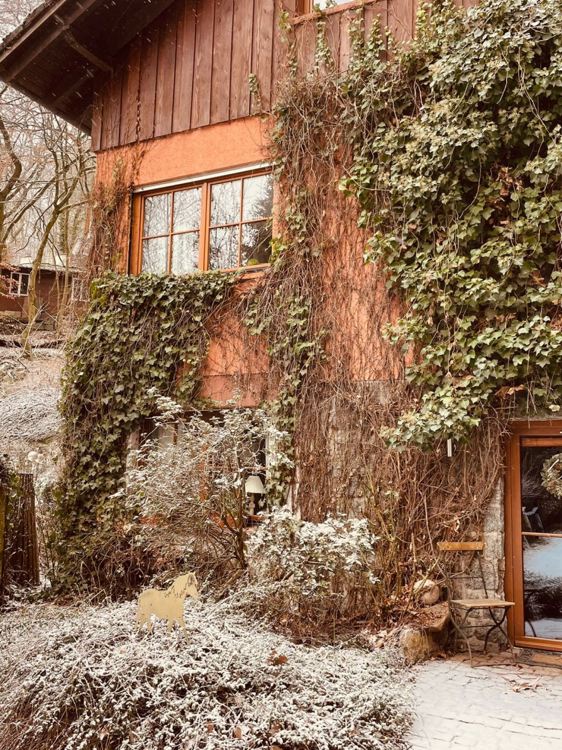 Rustic building in snow with ivy