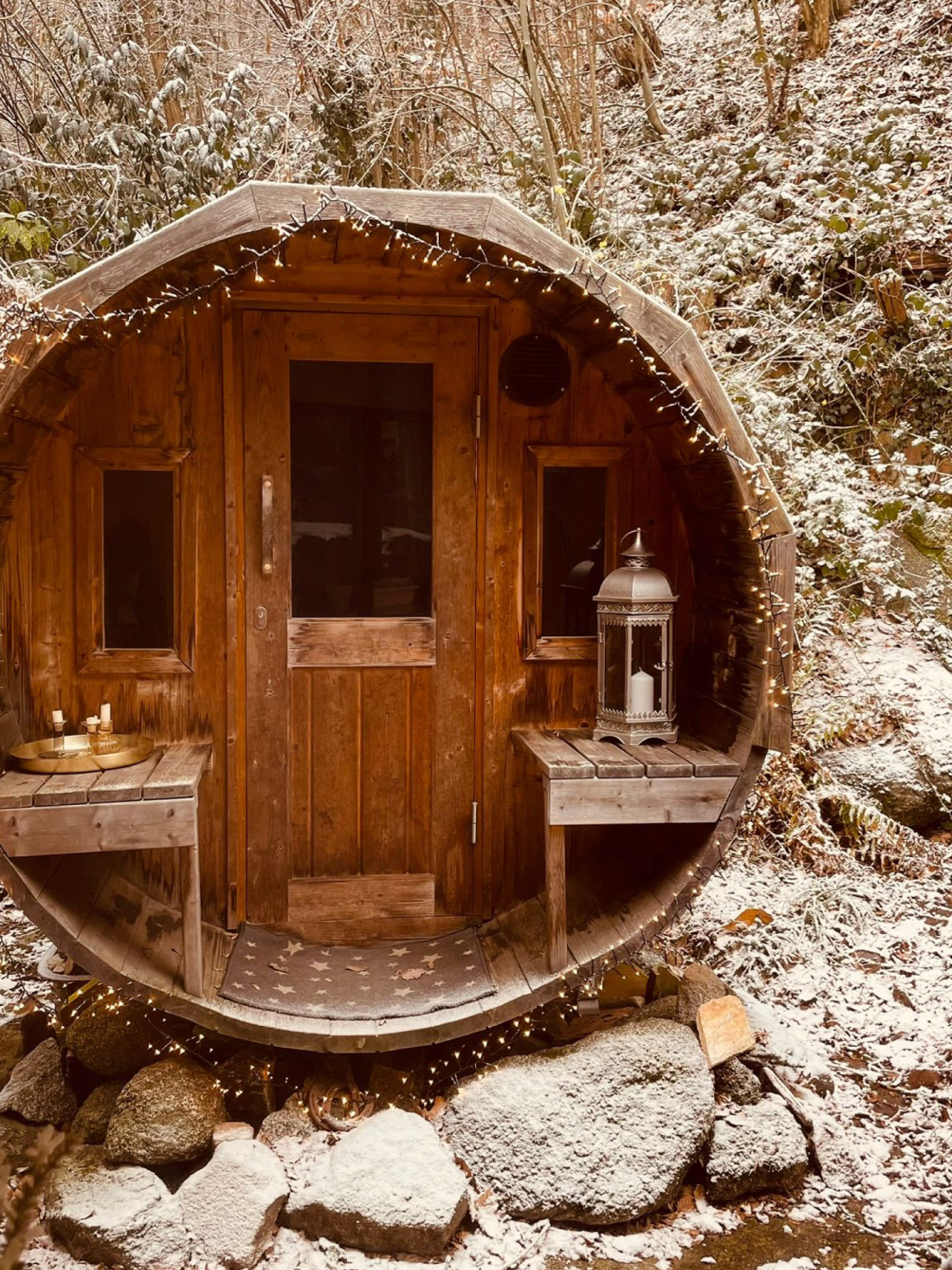 Barrel sauna in snow