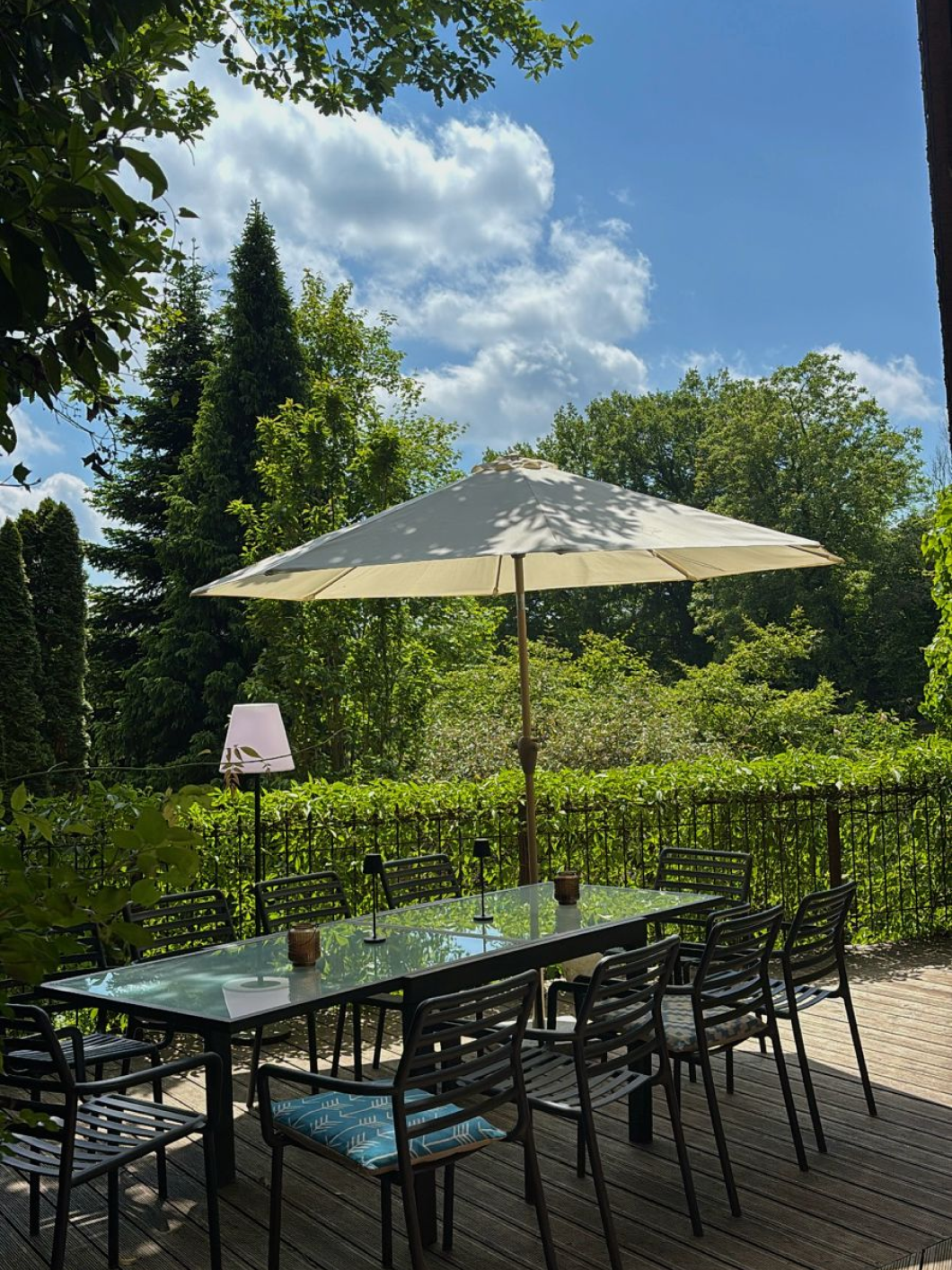 Outdoor dining area with garden view