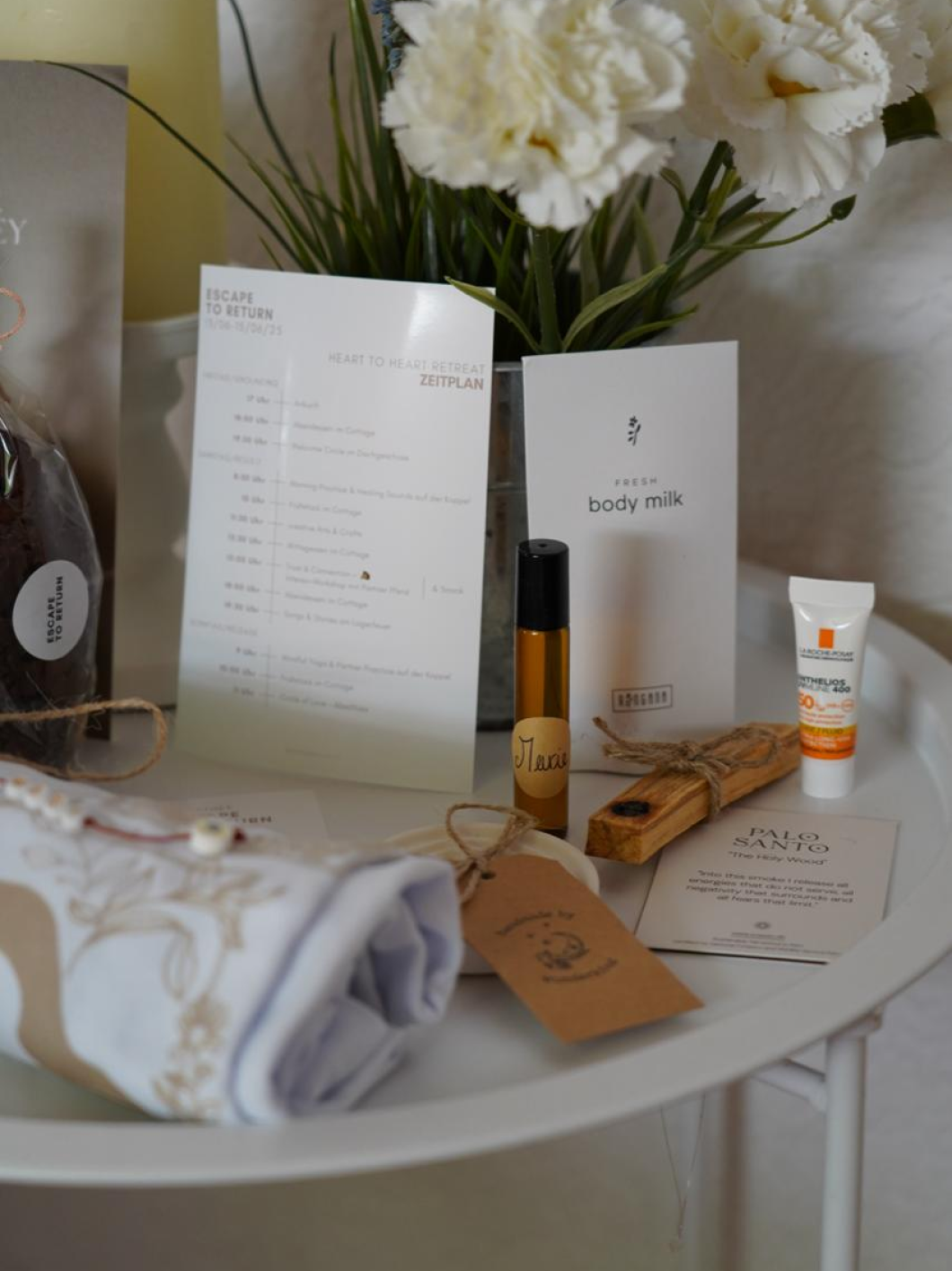 Wellness amenities and retreat schedule display